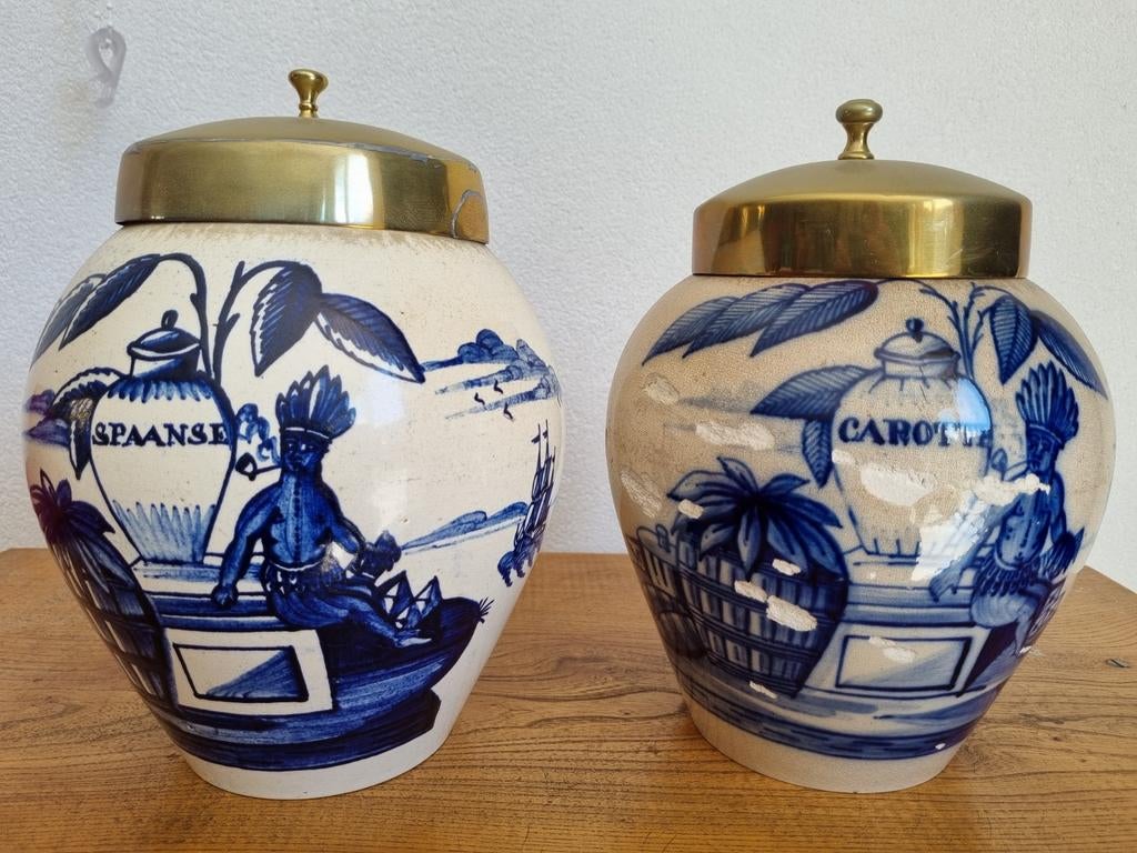 Antieke Delfts Blauwe Tabakspotten met Messing Deksel, Antiek en Kunst, Antiek | Keramiek en Aardewerk, Ophalen of Verzenden
