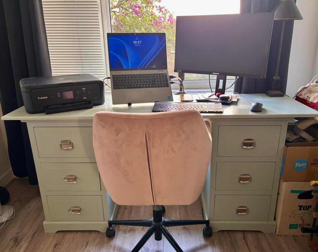 Bureau met ladekasten - mintgroen, Huis en Inrichting, Bureaus, Gebruikt, Bureau-kast combinatie, Hout, Met lades, Ophalen