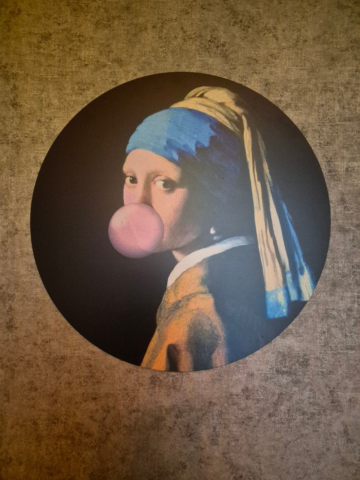 Rond Schilderij Meisje met de Parel - Bubblegum Pop Art, Ophalen, Op houten frame, Portret