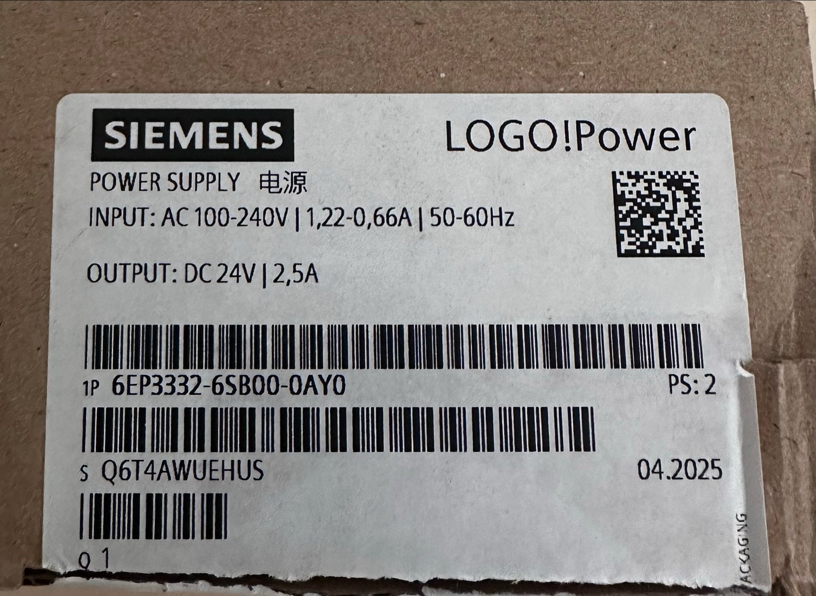 Siemens LOGO power input 100-240AC output 24DC 2,5A, Ophalen of Verzenden, Nieuw