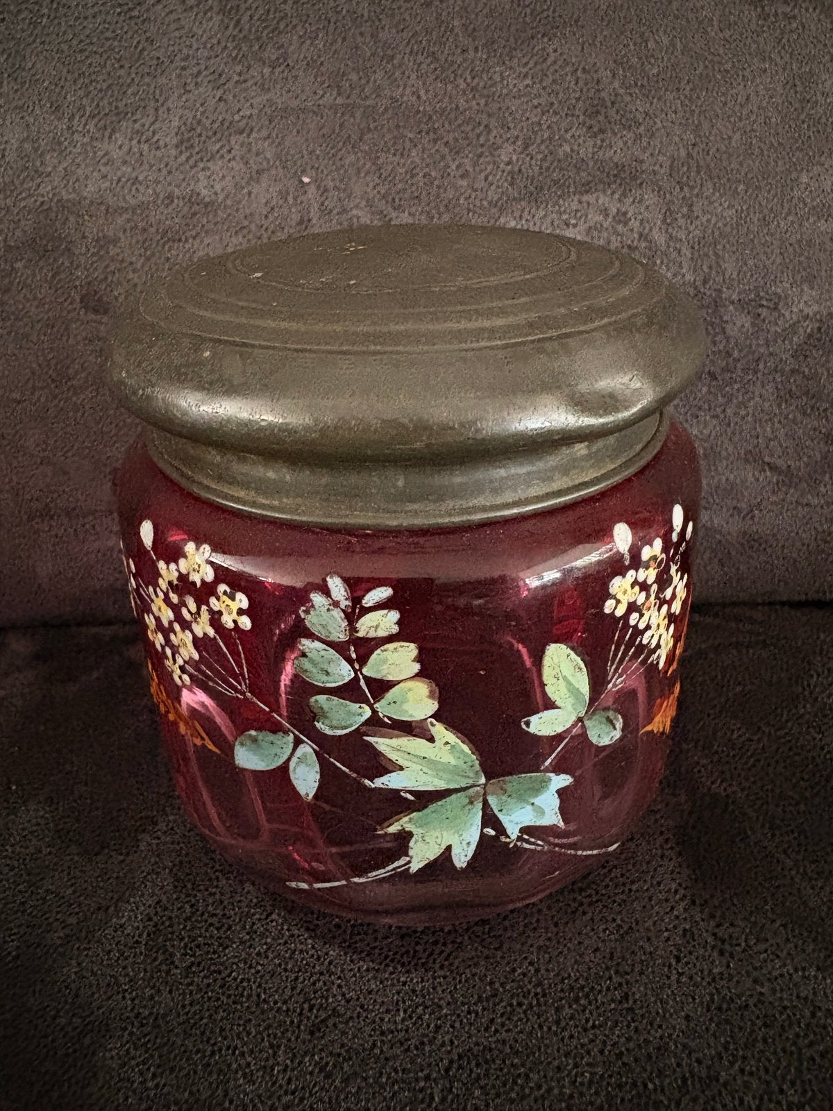 Antieke robijnrode glazen pot met tinnen deksel, Antiek en Kunst, Ophalen of Verzenden