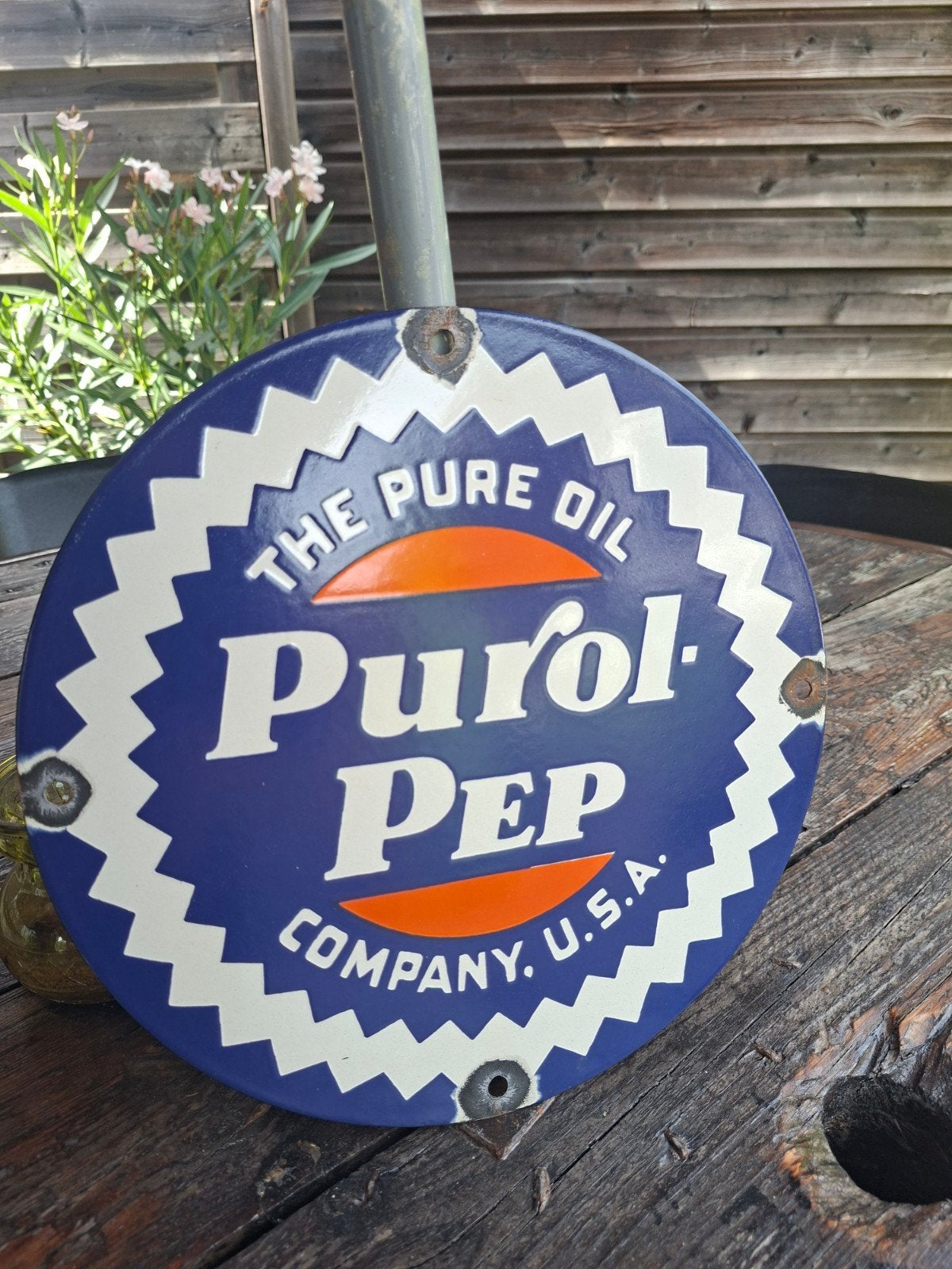 purple pep oil emaille reclamebord, Ophalen of Verzenden, Gebruikt, Reclamebord