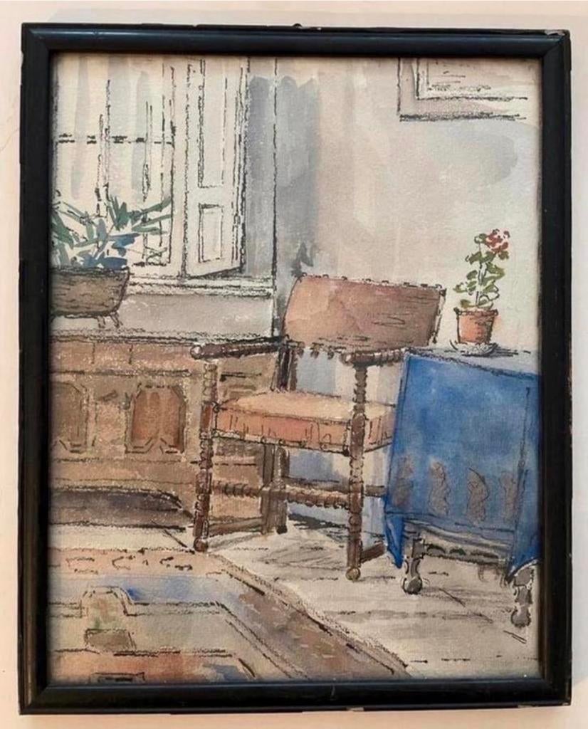Sfeervolle aquarel, ingelijst, Kunsthandel Minderman, Ophalen of Verzenden