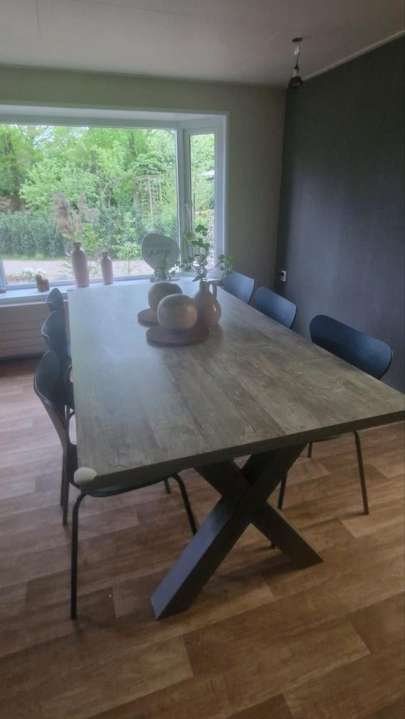 Grote eettafel (200x100cm) met 6 stapelbare stoelen, 200 cm of meer, Zo goed als nieuw, Rechthoekig, 50 tot 100 cm