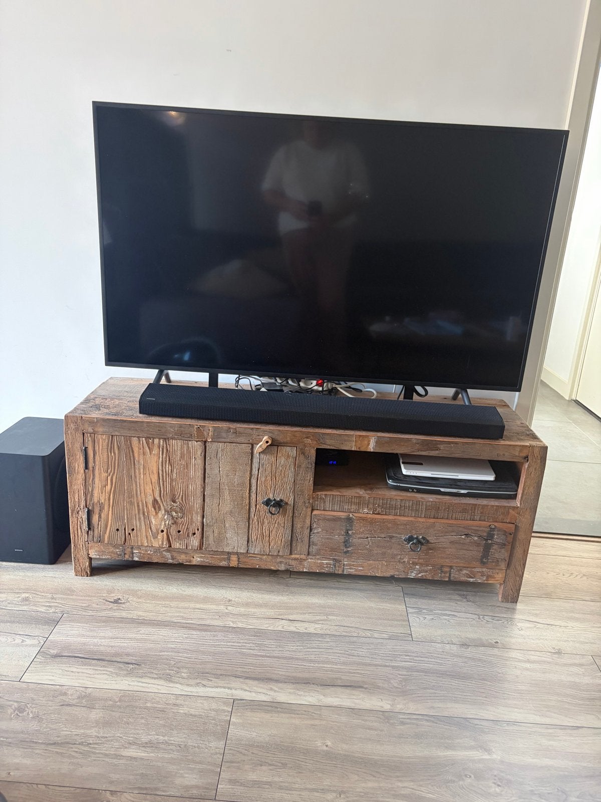 Industriële Mangohouten TV Meubel / Kast - 145x45x60 cm, Ophalen, Gebruikt, 100 tot 150 cm, Minder dan 100 cm