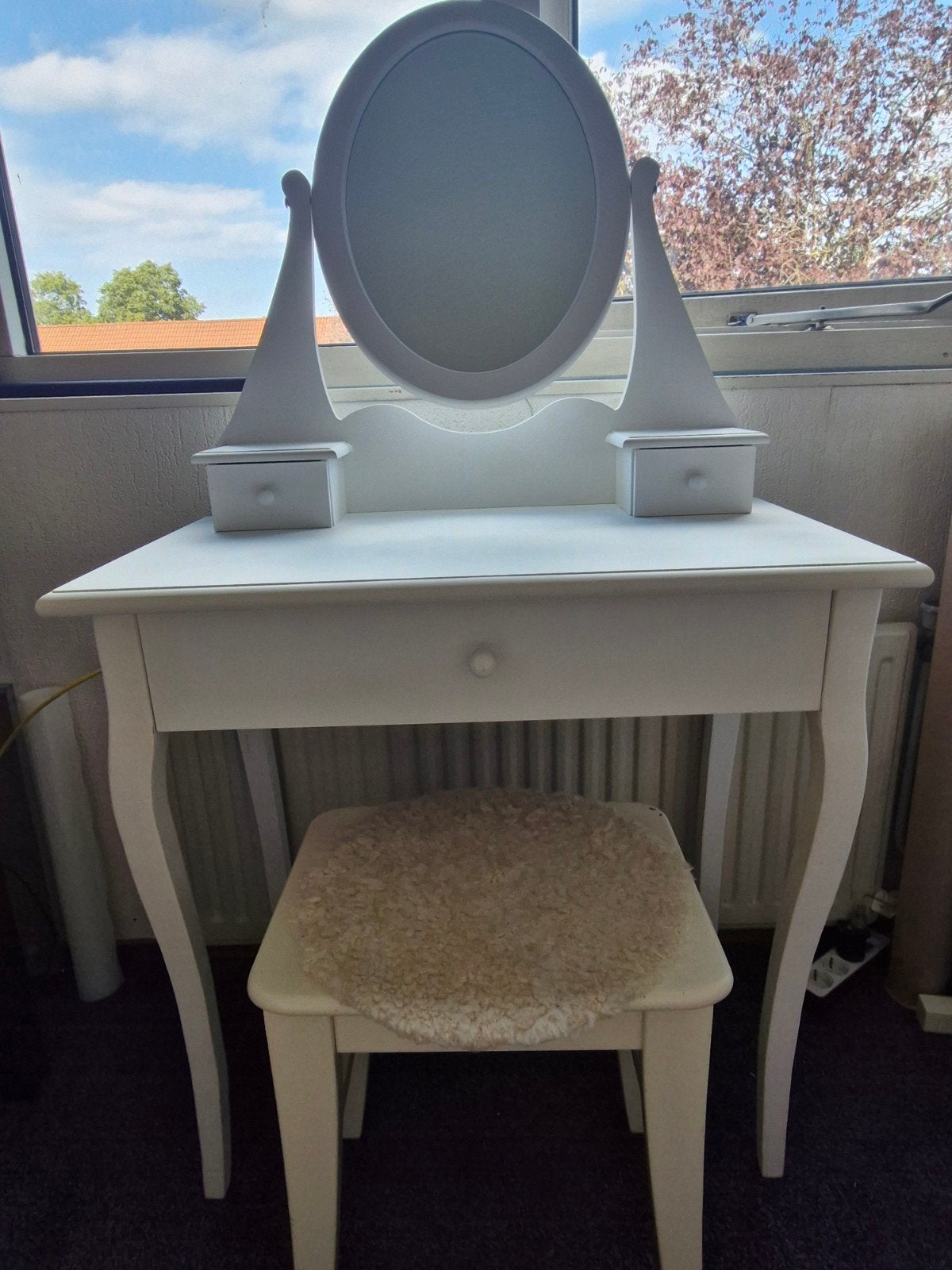 Witte kaptafel met spiegel en lades. 75 cm br, 40 cm d, 137h, Ophalen, Gebruikt, 100 tot 150 cm, 50 tot 100 cm