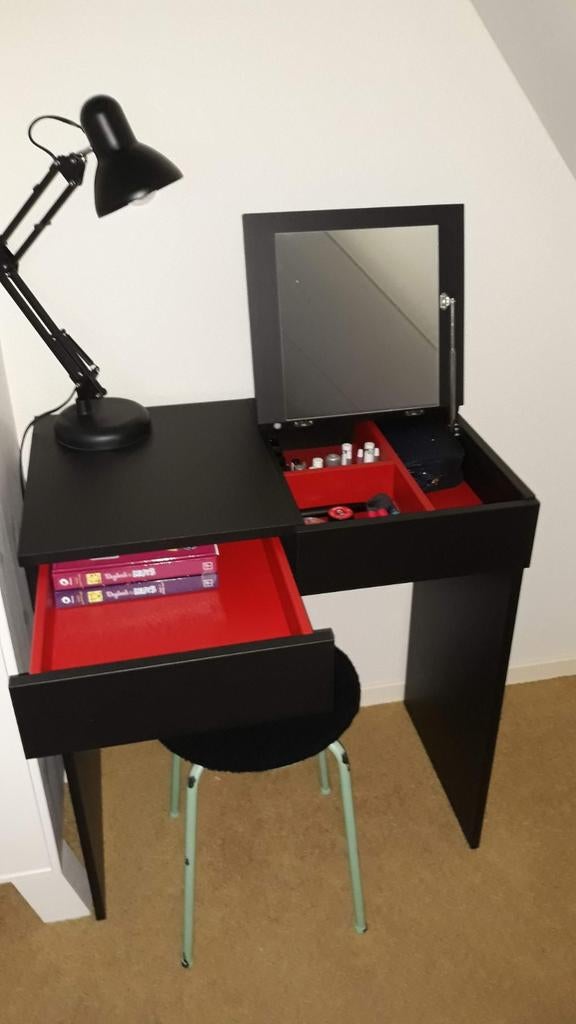 Zwart bureau met spiegel en lade, Ophalen, Modern, Compact, Gebruikt, 100 tot 150 cm