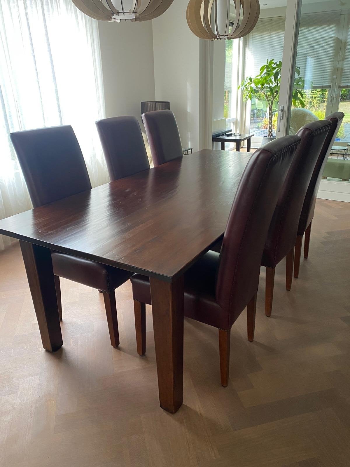 Elegante eettafel met 6 leren stoelen, Ophalen, Gebruikt, 50 tot 100 cm, 150 tot 200 cm