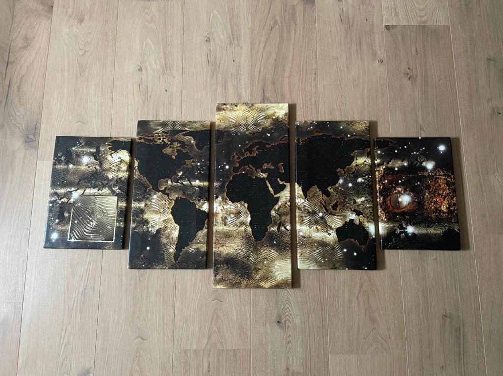 🧡 Wereldkaart Brons Art 5 luik schilderij 100x50cm, Ophalen of Verzenden, Zo goed als nieuw, Schilderij