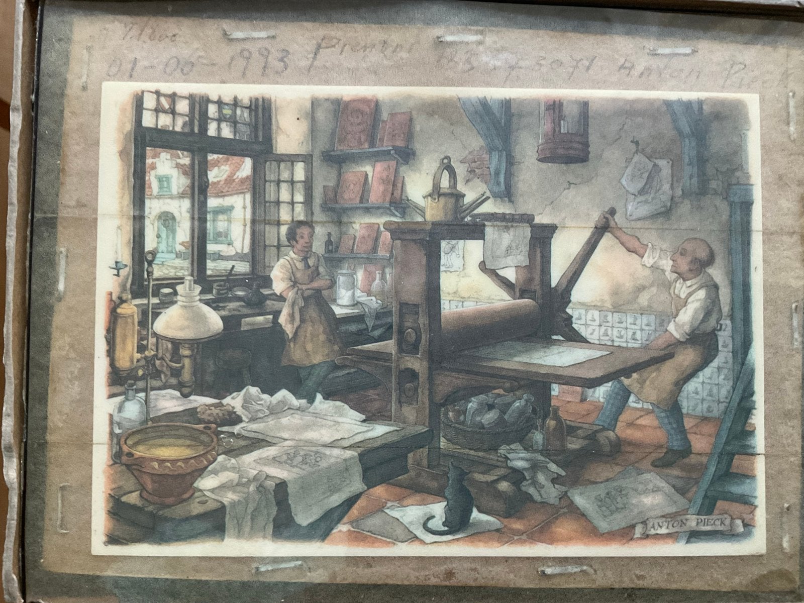 Anton Pieck 3D Zeefdruk 'De Zeefdrukker', 1950 - 1999, Ophalen of Verzenden, Zeefdruk, Ingelijst