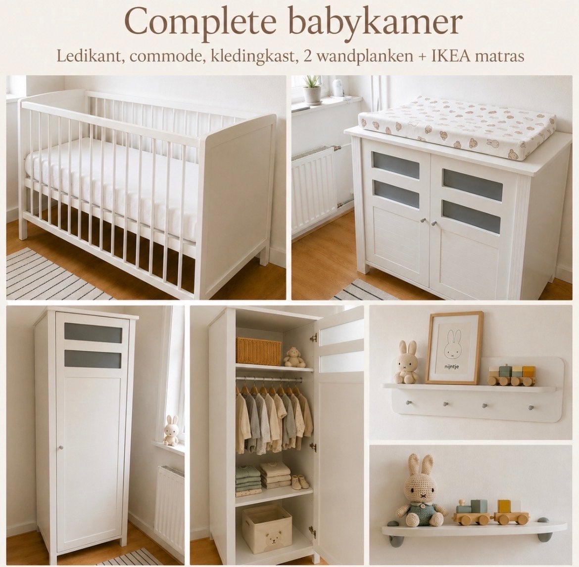 Complete babykamer: Ledikant, commode, kledingkast, planken, Ophalen, Zo goed als nieuw, Jongetje of Meisje