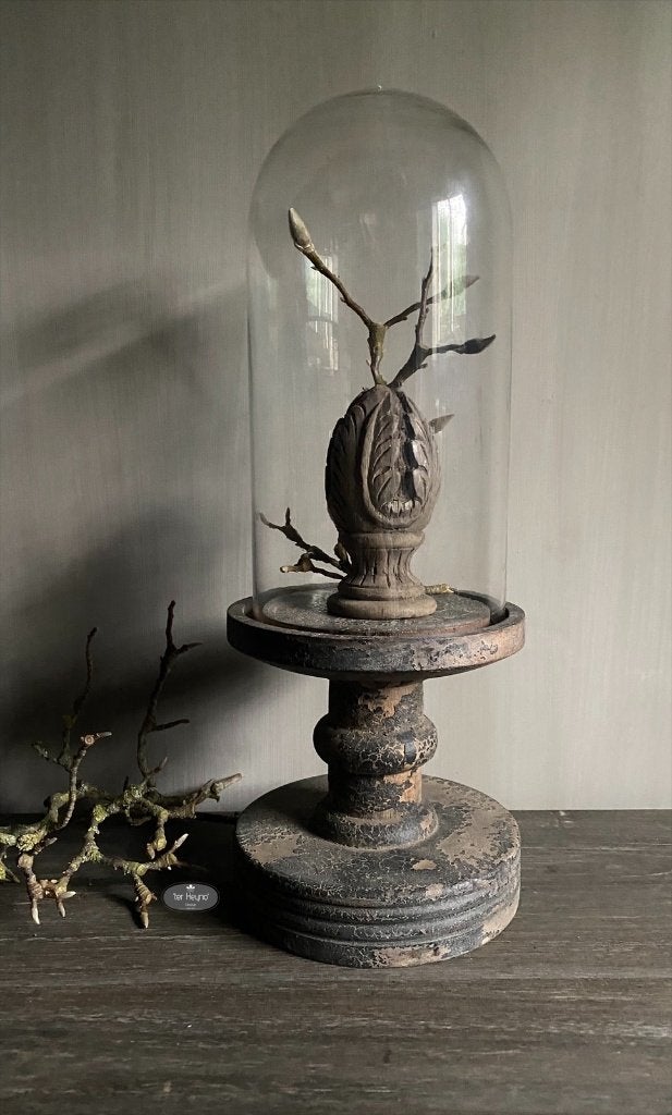 Glazen stolp op oud houten voet S hout glas stoer landelijk, Huis en Inrichting, Woonaccessoires | Stolpen, Verzenden, Nieuw