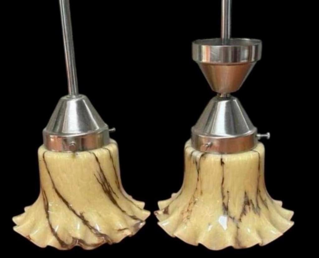 Set van 2 Art Deco hanglampen met gemarmerd glas, Ophalen of Verzenden