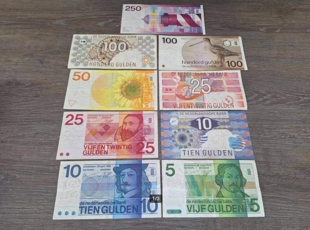 Set 9 guldenbiljetten 5 t/m 250 gulden (1966-1997), Ophalen of Verzenden, 250 gulden