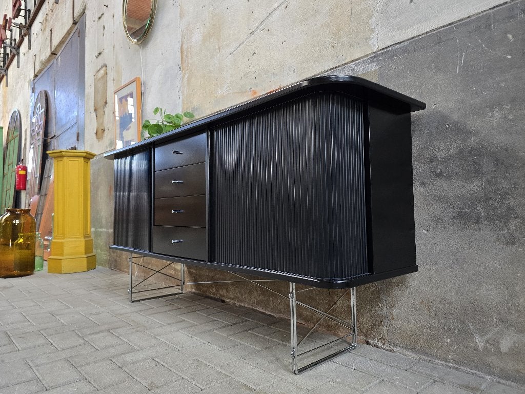 Jaren 80 Deens Design Dressoir | Denka Zwart & Chroom Kast, Gebruikt, Met deur(en), Grenenhout, 150 tot 200 cm