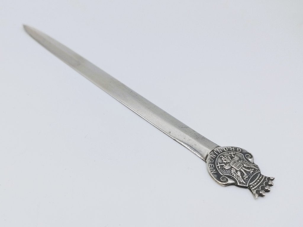 Zilveren brievenopener met wapen van Groningen, ca. 1950, Antiek en Kunst, Verzenden, Zilver