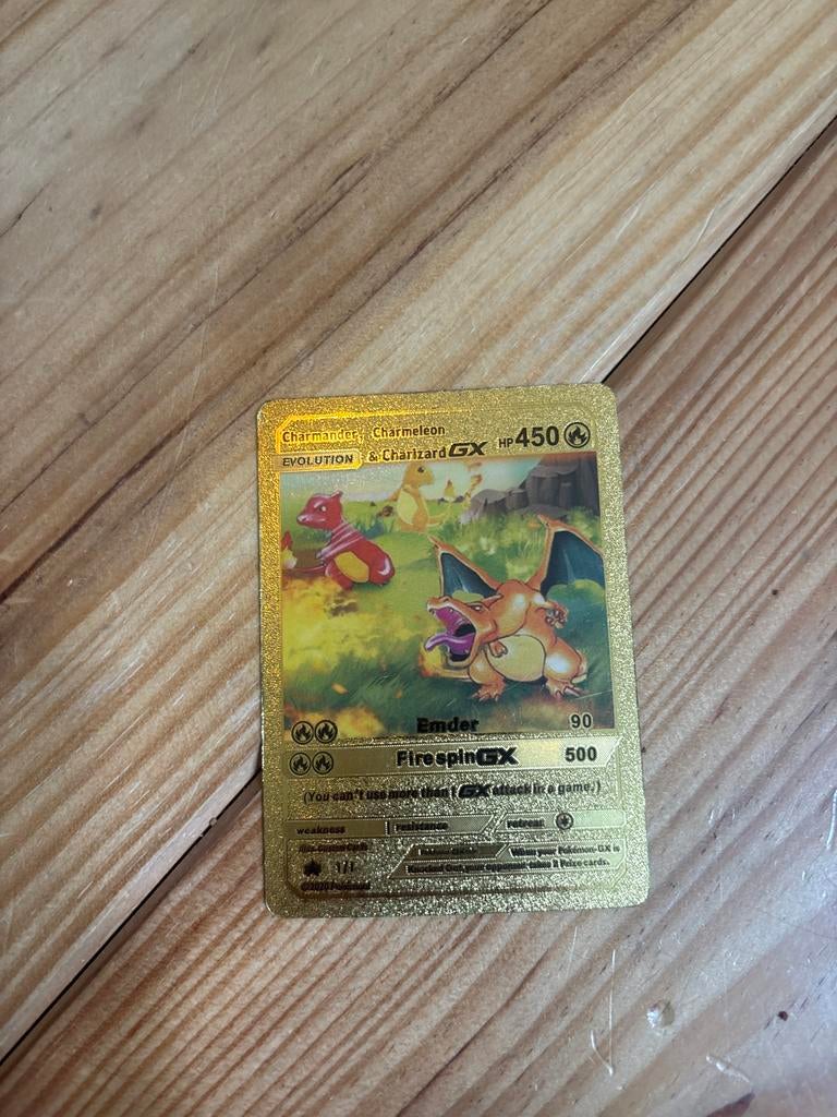 Gouden Pokémon Kaart: Charmander Charmeleon Charizard GX, Ophalen of Verzenden, Zo goed als nieuw, Losse kaart, Foil