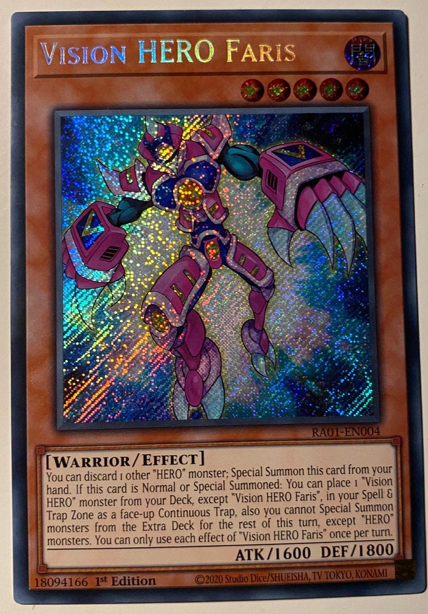 Yu-Gi-Oh! Vision HERO Faris RA01 1st Edition !, Ophalen of Verzenden, Zo goed als nieuw, Losse kaart, Foil