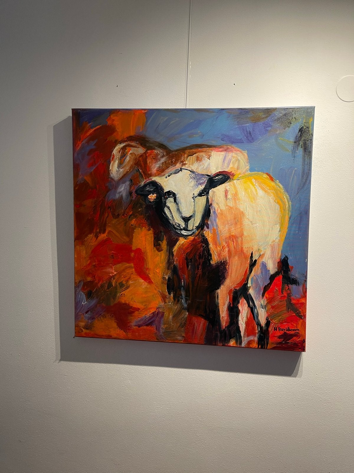 Schilderij: kunstzinnig schaap in warme kleuren (90x90 cm), Ophalen