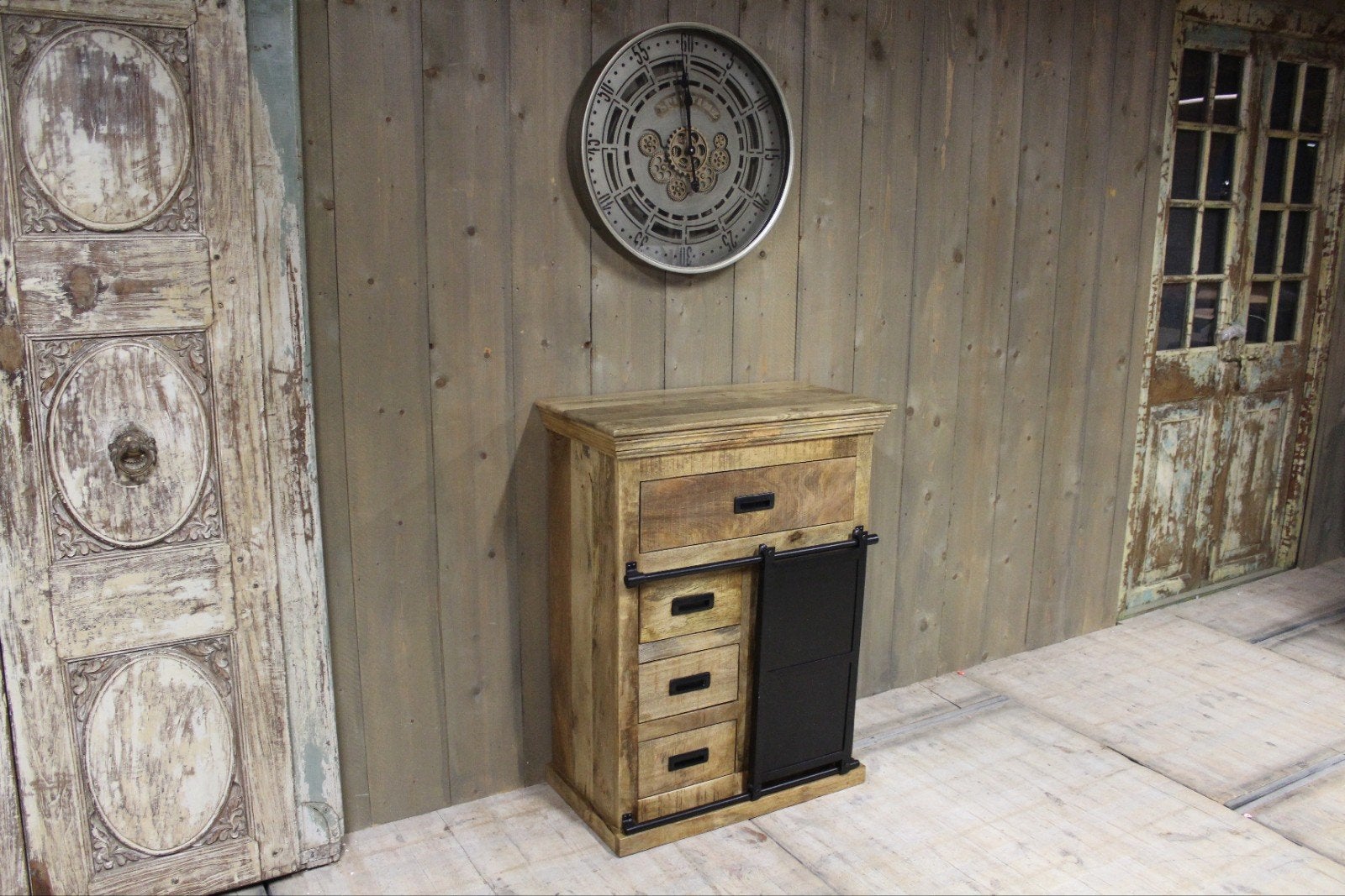 Industrieel Mango Houten Ladenkastje uit voorraad leverbaar, 100 tot 150 cm, Nieuw, 3 of 4 laden, 25 tot 50 cm