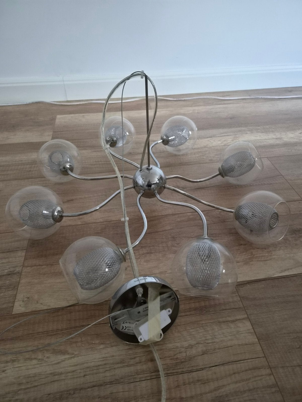 Moderne hanglamp met 8 glazen bollen, Ophalen, Gebruikt, E14 (klein), Glas