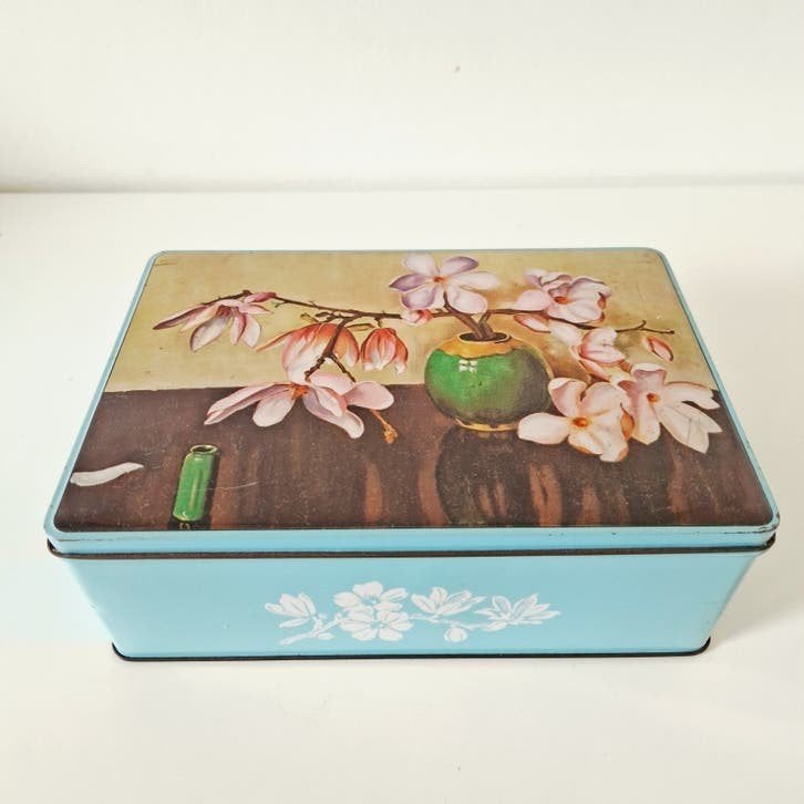 Van Melle blik koektrommel koek blik magnolia gemberpot, Ophalen of Verzenden, Gebruikt, Koek(jes)
