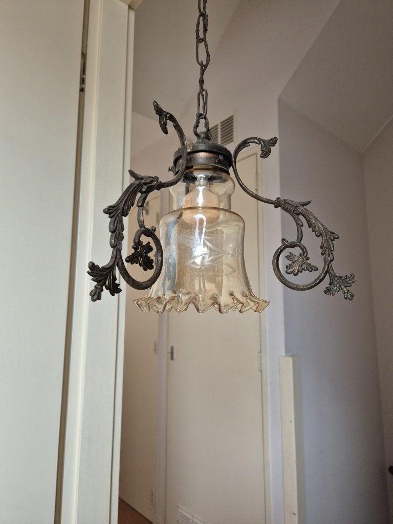 Brocante - Hanglamp - Verguld Brons - Gedecoreerd Glas -, Ophalen of Verzenden