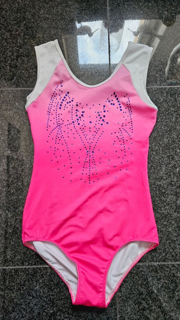 Turnpakje mouwloos maat 146/152 roze-wit met blauwe glitters, Gebruikt, Ophalen of Verzenden, Roze, Turnpak(je)