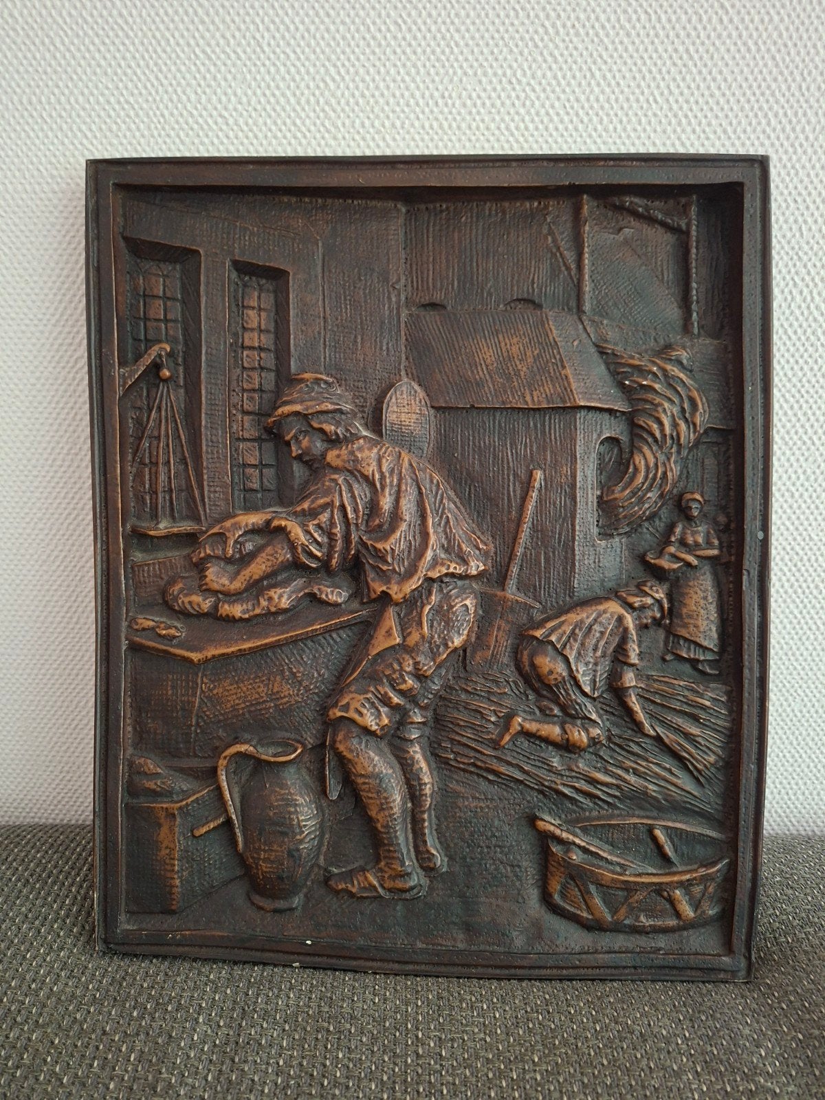 Vintage houten wandpaneel De Bakker (Jan Luyken), Ophalen of Verzenden, Handgemaakt, Wanddecoratie, 20 - 50 cm