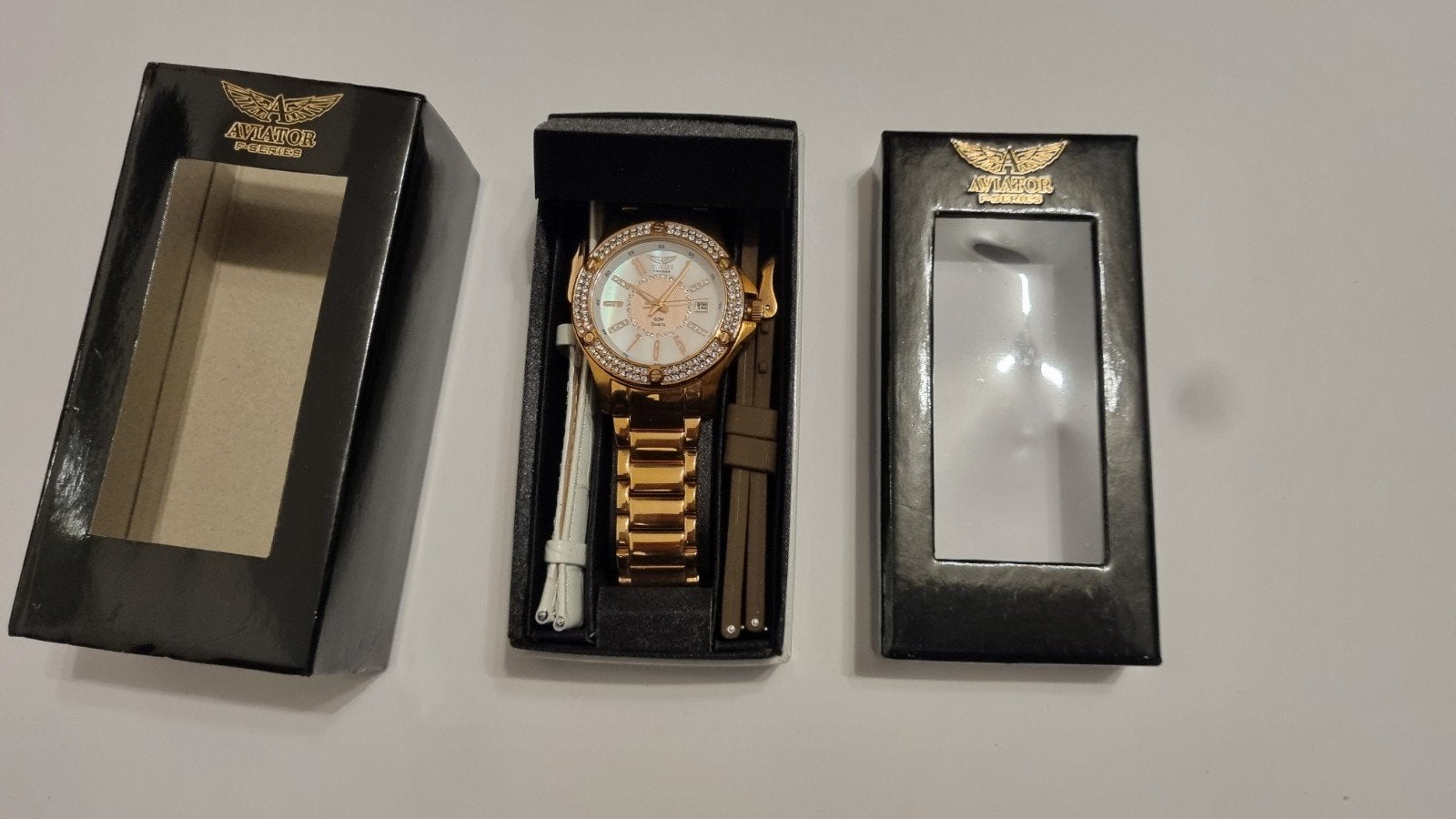 Gouden Aviator Premier horloge met strass en extra bandjes, Ophalen of Verzenden