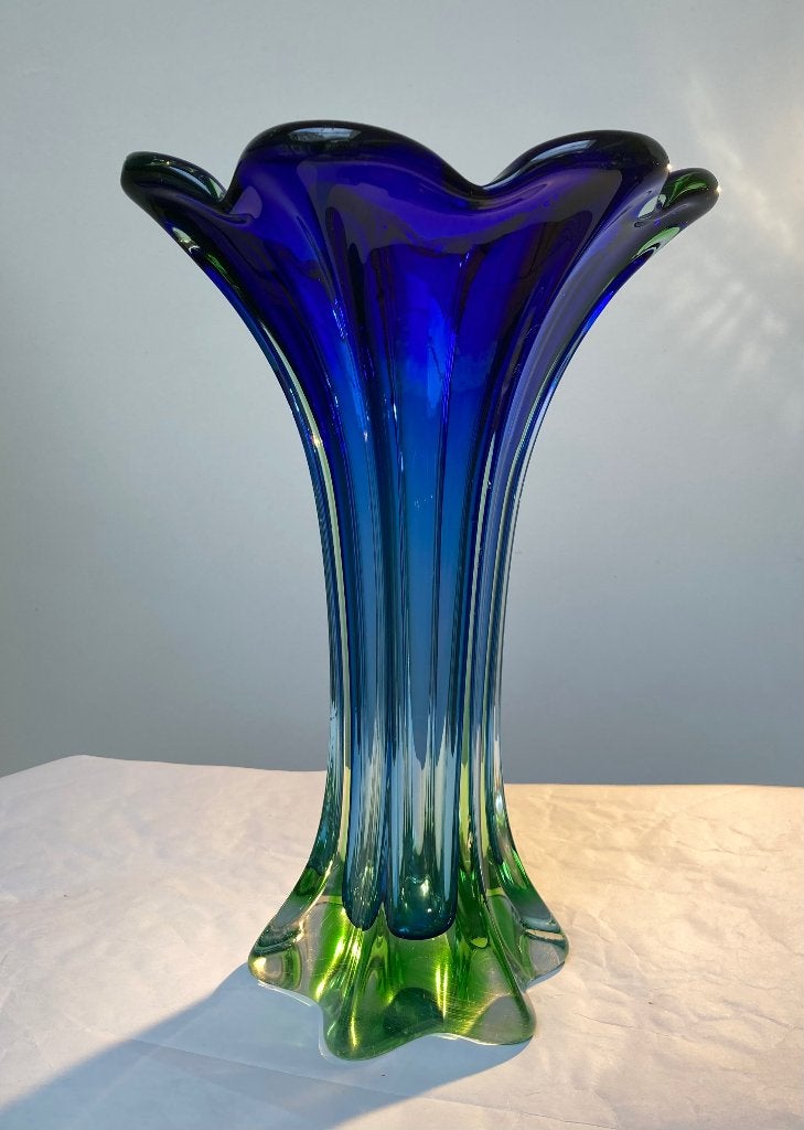 Bloemvormige vaas stijl Murano 1960, Ophalen, Gebruikt, Handgemaakt, Blauw