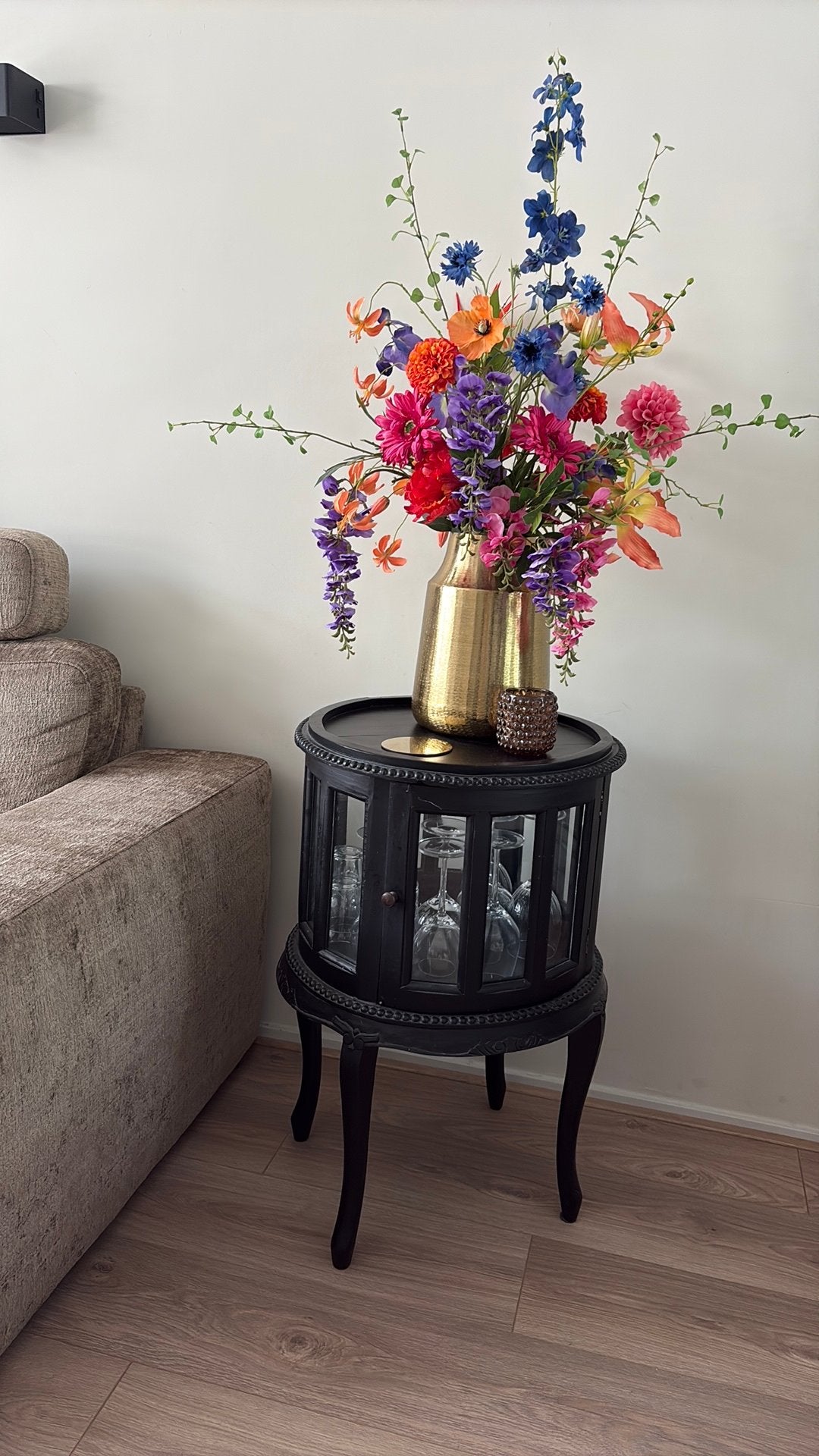 Vintage drankenkastje / bijzetkast zwart met glas – 75 cm, Ophalen, Gebruikt