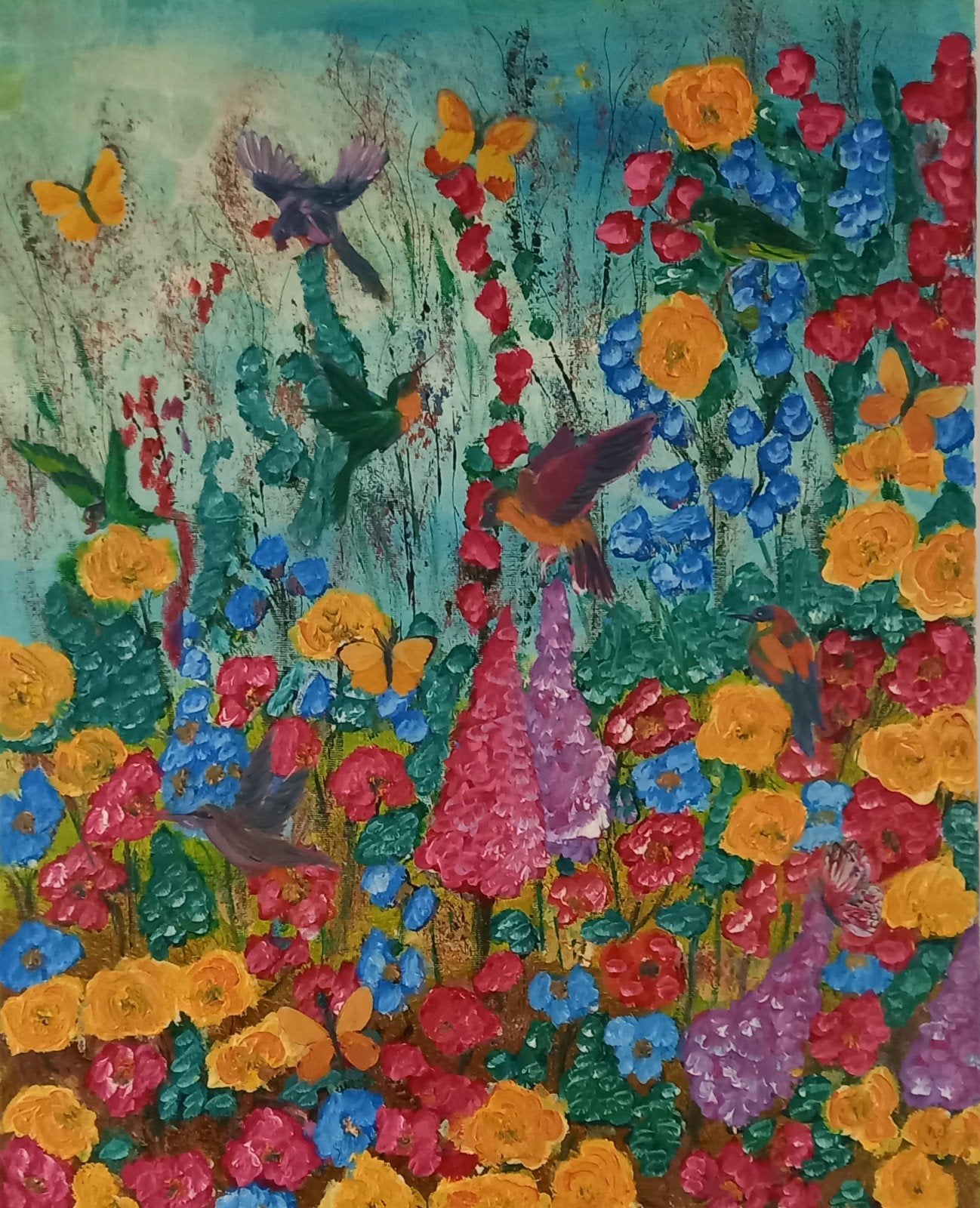 Kleurrijk Schilderij Bloemen en Vogels 40x50cm, Antiek en Kunst, Handgeschilderd, Ophalen of Verzenden, Olieverf, Bloemen
