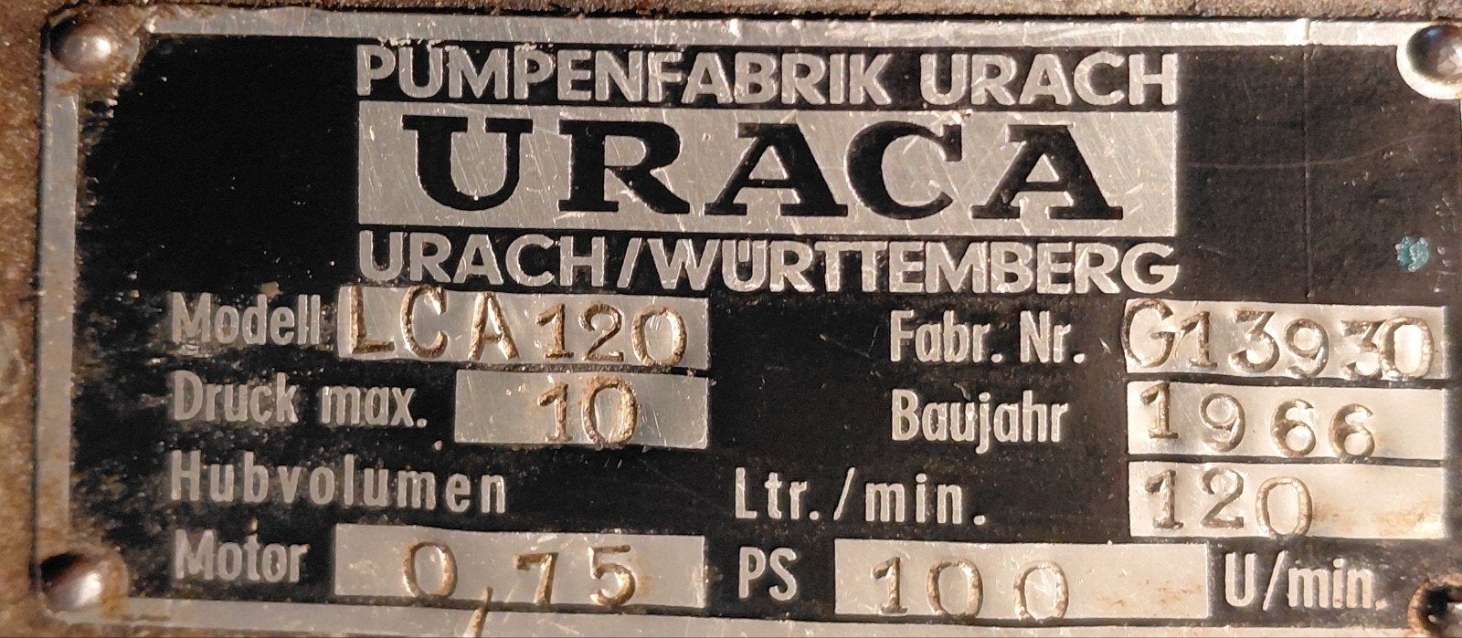 Uraca Compressor 10 bar, 120 l/min, 0,75 PK (1966), Doe-het-zelf en Verbouw, Ophalen, Gebruikt, Minder dan 200 liter/min, 10 bar of meer