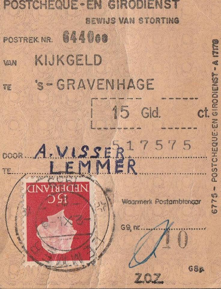 LEMMER 1955 A. VISSER Betaalbewijs KIJKGELD, Ophalen of Verzenden, 1940 tot 1960, Gelopen, Friesland