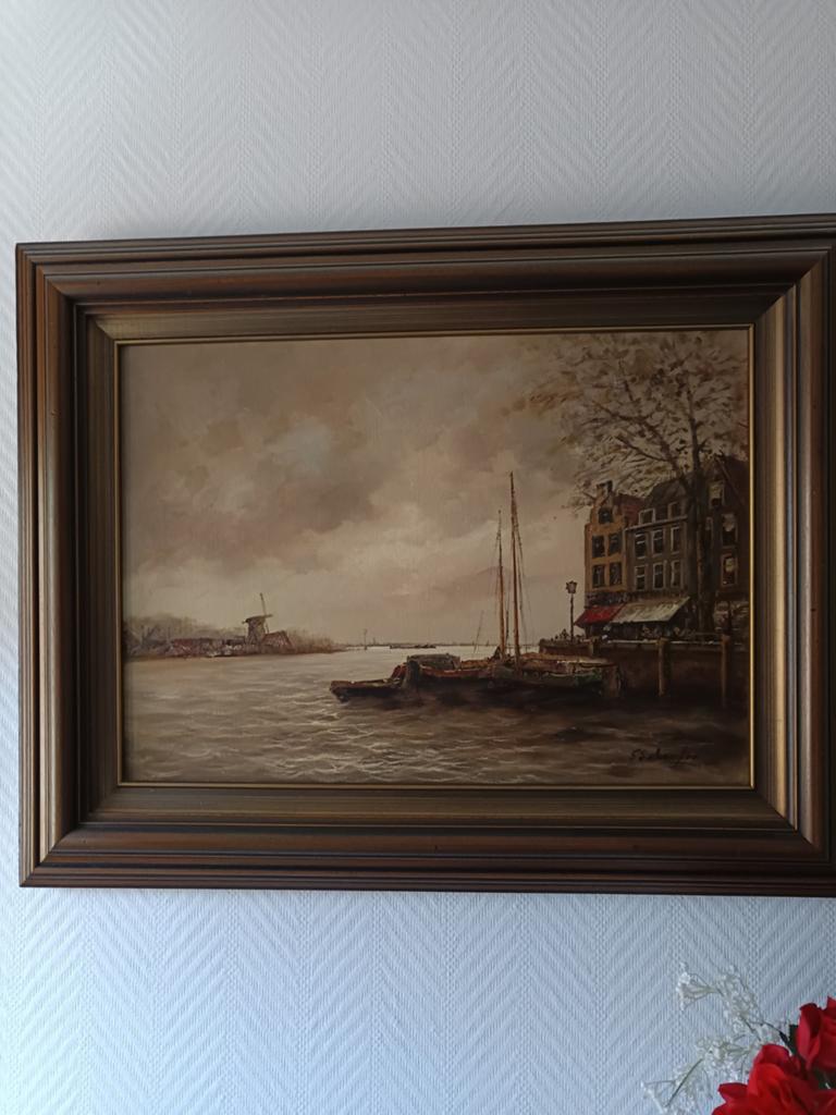 Olieverfschilderij: Hollands Landschap met Molen en Boten, Ophalen of Verzenden