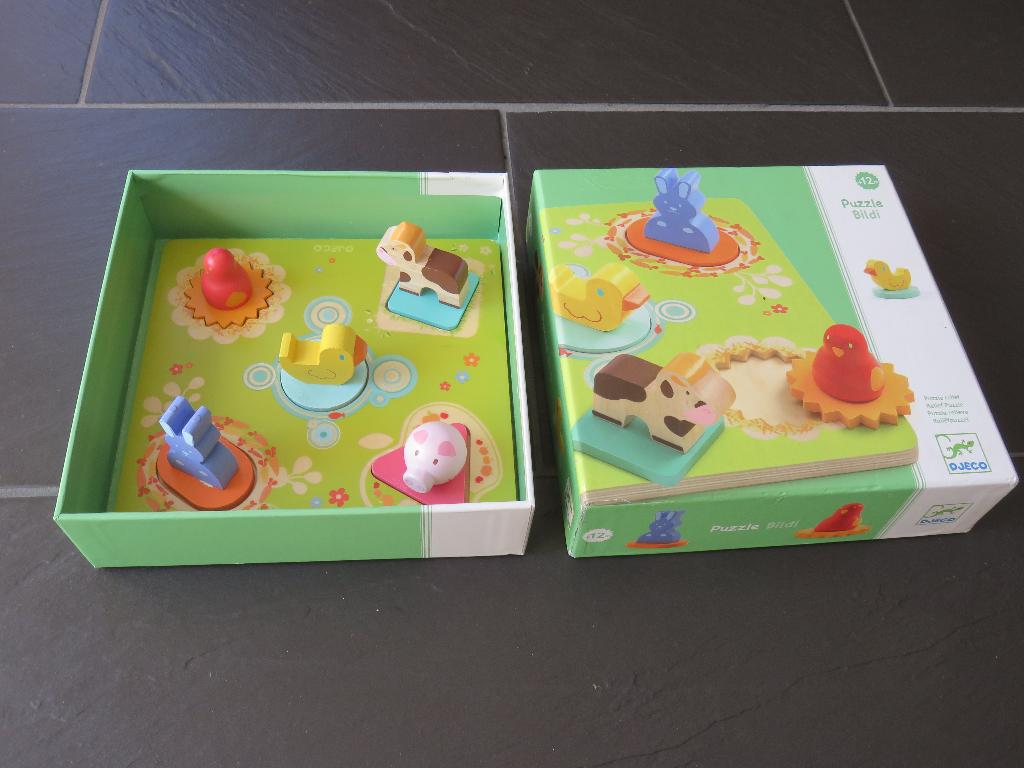 Houten dieren puzzel, Bildi, DJECO met 5 grote stukken., 2 tot 4 jaar, Gebruikt, Ophalen of Verzenden, Van hout