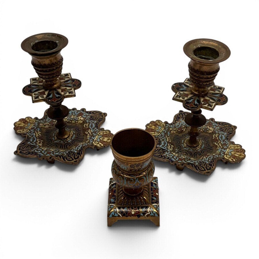 Drie Frans messing met cloisoné kandelaartjes, Antiek en Kunst, Ophalen of Verzenden, Koper of Brons
