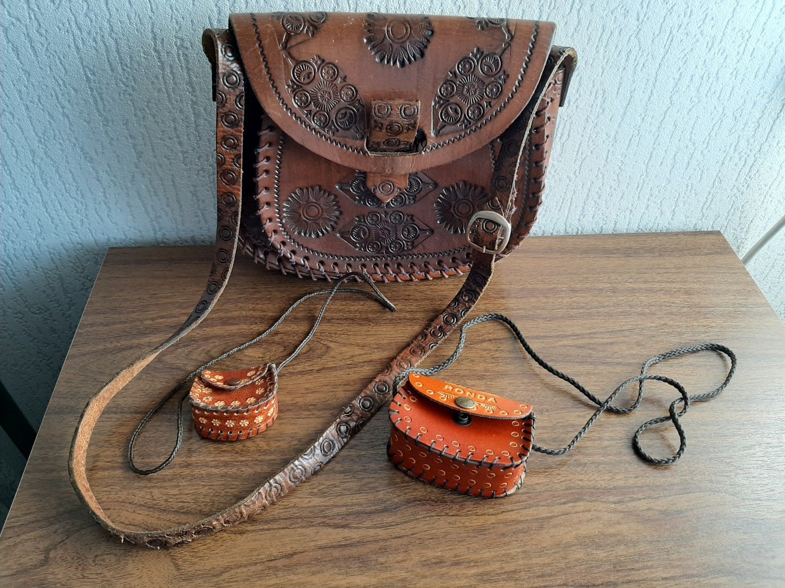 Vintage Leren Tas met Twee Kleine Tasjes, Ophalen, Bruin, Overige typen