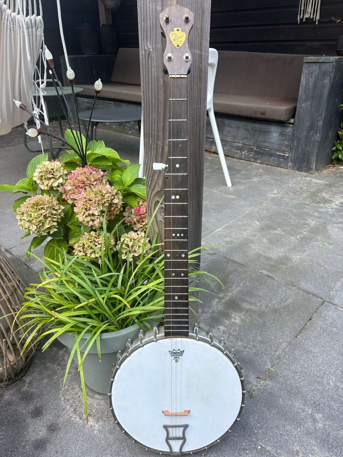 Vintage John Grey & Sons London 5-String Banjo | Remo Vel, Ophalen of Verzenden, Gebruikt, 5-snarige of Bluegrassbanjo