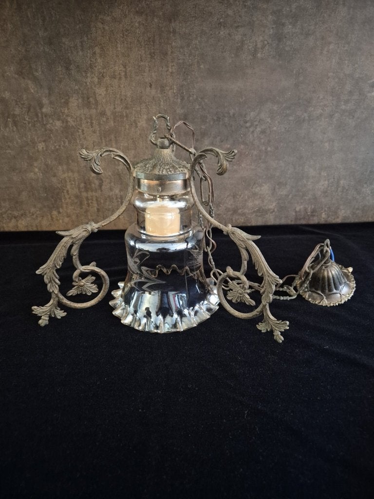 Brocante - Hanglamp - Verguld Brons - Gedecoreerd Glas., Huis en Inrichting, Ophalen of Verzenden, Gebruikt, Glas, ANTIEK    -    VINTAGE