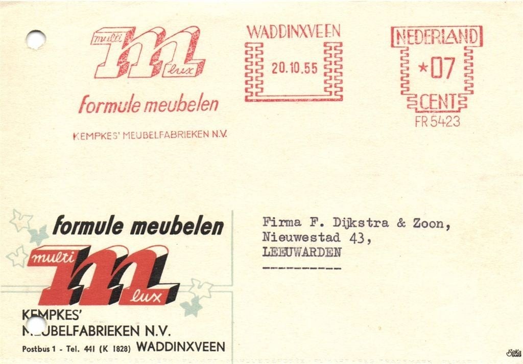 Kempkes Meubelfabrieken NV, Waddinxveen - 10.19.55 - briefka, Ophalen of Verzenden, Briefkaart