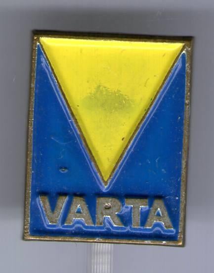 VARTA batterijen blauw/geel op zilverkl. speldje ( H_155a ), Verzamelen, Verzenden, Zo goed als nieuw, Transport, Speldje of Pin