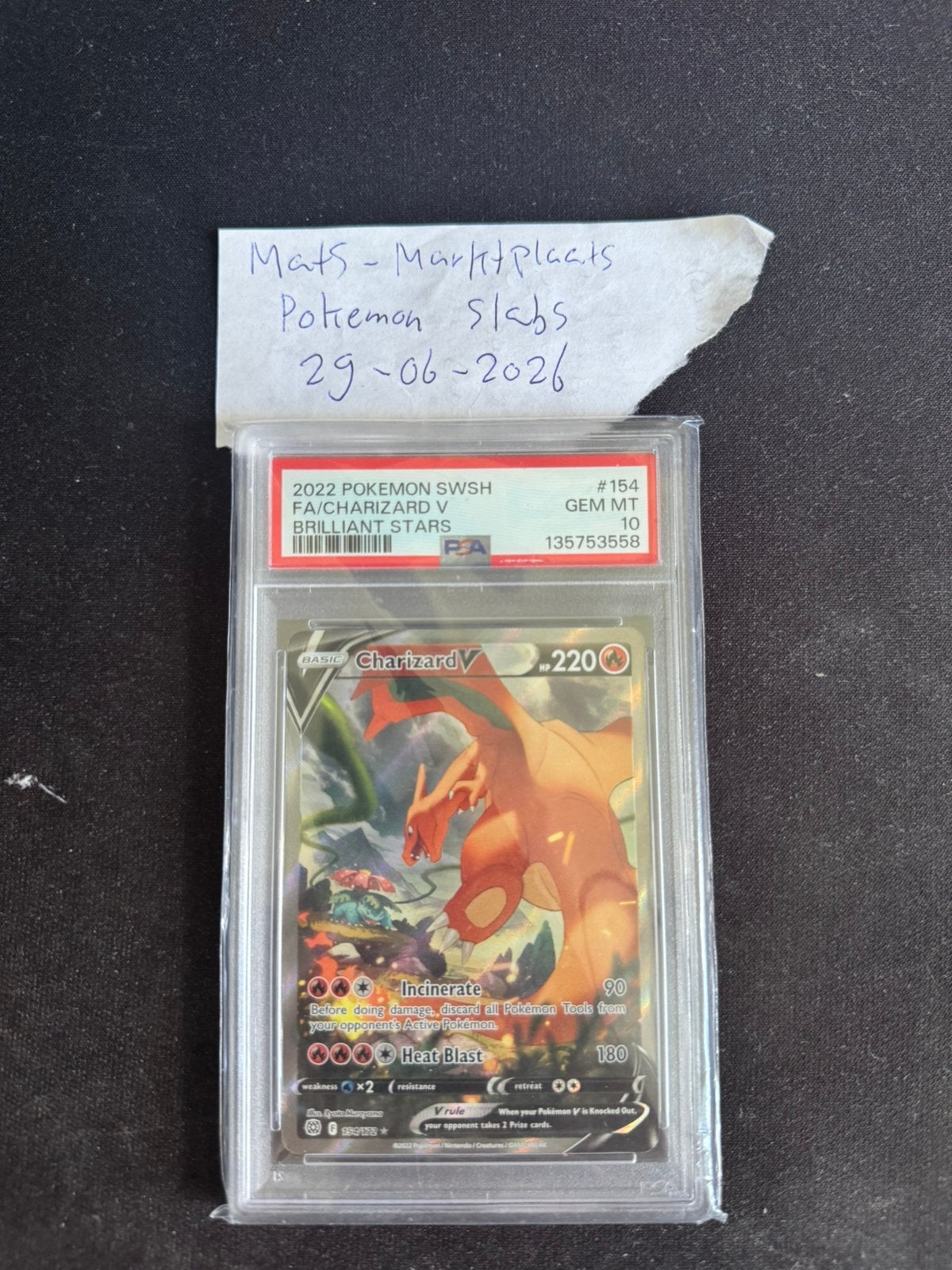 Pokemon Charizard V 154 PSA 10 Brilliant Stars Chase, Ophalen of Verzenden, Zo goed als nieuw, Losse kaart, Foil