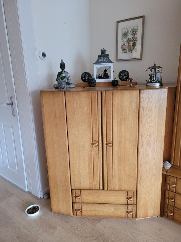 Complete Eikenhouten Woonkamerset:, Ophalen, Glas, Gebruikt, Met deur(en)