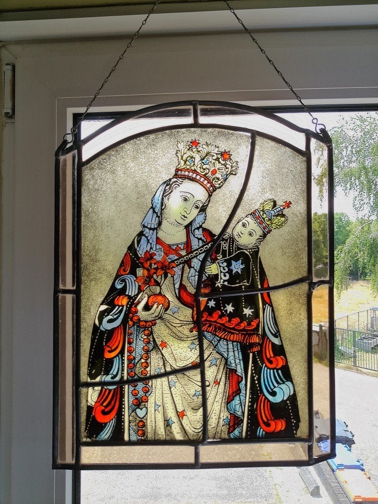 Antiek glas in lood Heilige Maria Sterre der Zee 32x43cm, Ophalen of Verzenden