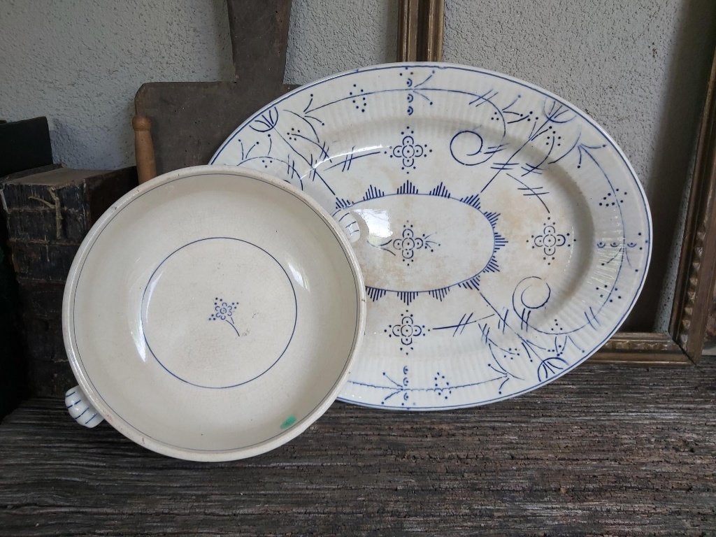 2 mooie oude beboterde (serveer) schalen Stijl Copenhague, Antiek en Kunst, Antiek | Servies los, Ophalen of Verzenden