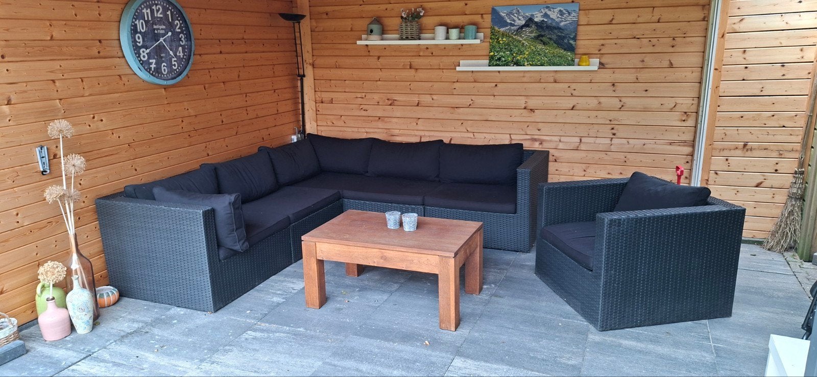 Gebruikte lounge set met eiken tafel., Tuin en Terras, Tuinsets en Loungesets, Ophalen, 5 zitplaatsen, Kunststof, Gebruikt