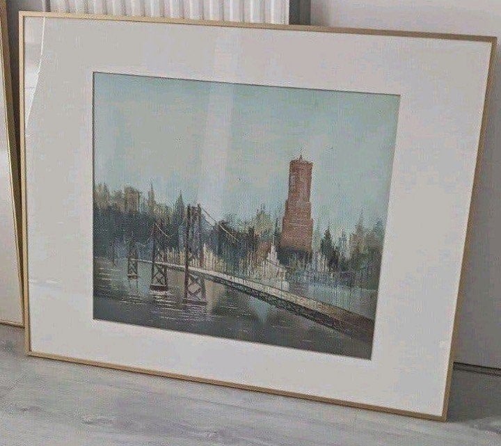 Schilderij van brug en toren aan het water W.Bonsall, Ophalen of Verzenden