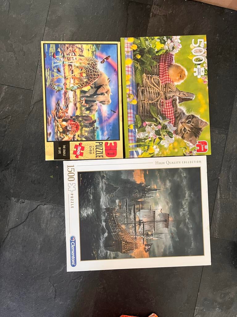 3 Legpuzzels: Dieren, Katje & Schip (500-1500 stukjes), Ophalen of Verzenden, 500 t/m 1500 stukjes, Gebruikt, Legpuzzel